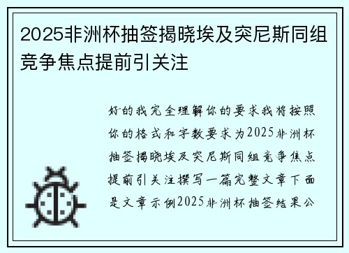 2025非洲杯抽签揭晓埃及突尼斯同组竞争焦点提前引关注
